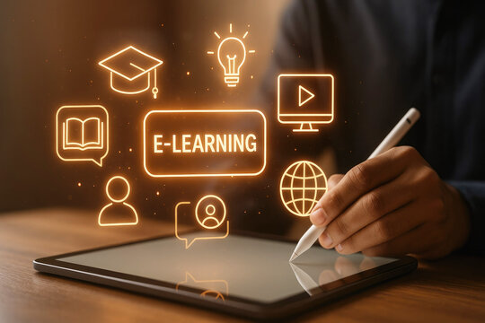 Person using tablet with glowing e-learning icons and digital pen online education digital learning