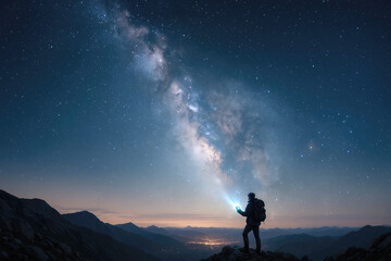 Obraz premium Person with backpack holding a bright tablet under the Milky Way galaxy in a mountain landscape silhouette