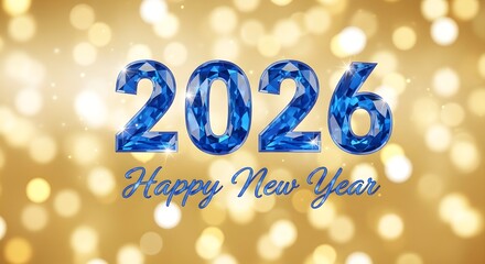 2026 blue ruby text effect isolated on a gold bokeh  background, Happy New Year banner, 2026 New Year Year Celebrating
