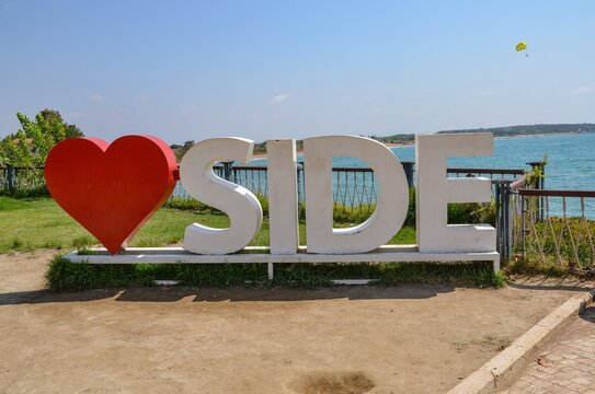 T&uuml;rkiye, Side, August 25, 2025,  the inscription "i love side" and the sea behind it