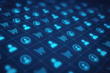 Repeating pattern of glowing blue user and shopping cart icons on a dark grid profile