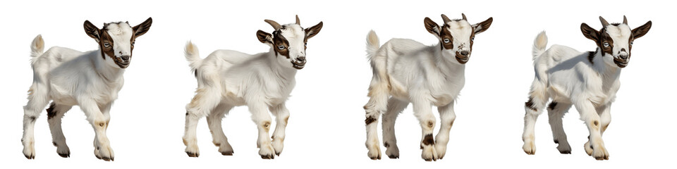 Four white foals with black markings isolated on transparent background