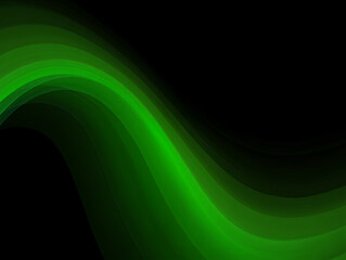Abstract glowing green waves flowing smoothly on a dark black background.