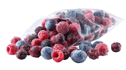 Bag of frozen berries spilling out isolated on transparent background