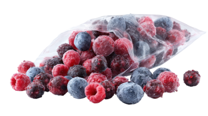 Bag of frozen berries spilling out isolated on transparent background