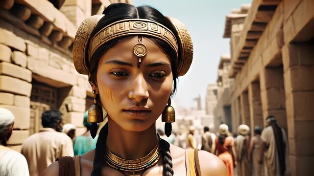 Ancient woman in traditional attire stands in a crowded street.