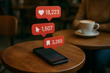 Social media notifications floating above a smart phone on the table.