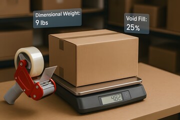 Shipping package on scale showing weight for the concept of distribution and logistics.