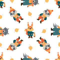 Seamless Pattern of Animals with Autumn Leaves. Design for fabrics, textiles, wallpaper, packaging