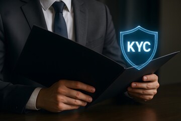 Professional in a suit holding a document for the concept of KYC and Security.