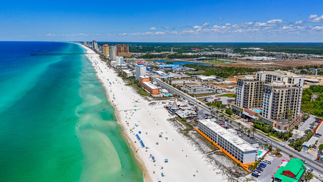 Aerial landscape of white sand beach resort on summer day in Panama City Beach Florida panhandle