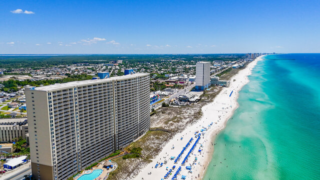 Aerial landscape of white sand beach resort on summer day in Panama City Beach Florida panhandle