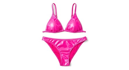 A vibrant pink two-piece swimsuit with triangle top and brief bottoms featuring a glossy texture lies flat on a white background