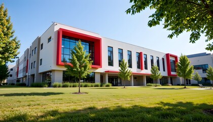 Modern Educational Institution with Red Accents and Green Landscape Under Clear Blue Sky