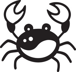 Simple black and white illustration of a crab with pincers raised