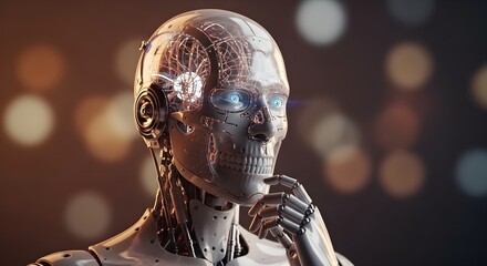 A close-up, detailed view of a futuristic robot's head, showcasing its intricate mechanical design and glowing blue eyes, with a blurred background of bokeh lights.