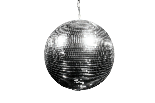 Shiny spherical object hanging from a chain against a black background, creating a disco effect