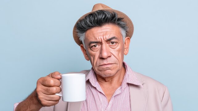 Mature man with gray hair wearing a beige hat and light jacket, holding a white coffee mug, displaying a serious expression against a soft blue background, capturing a moment of contemplation and refl