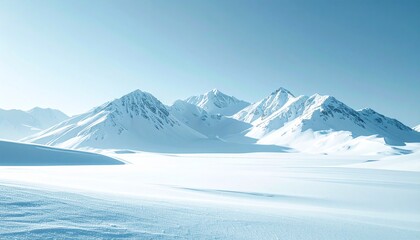 Minimalist photograph of an endless white snow mountain plain, no human presence
