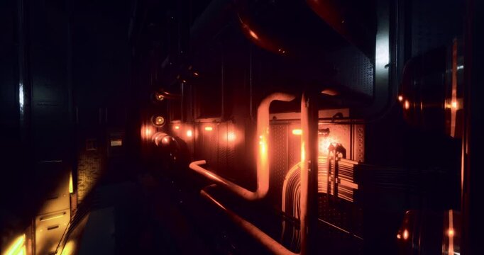 Warm orange lights illuminate a narrow industrial corridor filled with pipes and metal surfaces. Shadows add depth to this technological setting, creating an intriguing atmosphere.