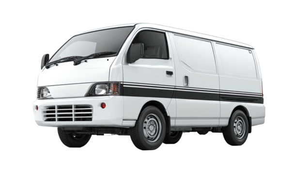 White commercial delivery van with dark stripe along the side. Isolated on a transparent background