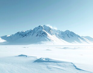 Minimalist photograph of an endless white snow mountain plain, no human presence