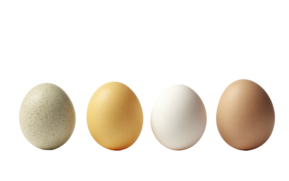 Four eggs of varying hues, isolated on a stark black background, showcasing different shell colors
