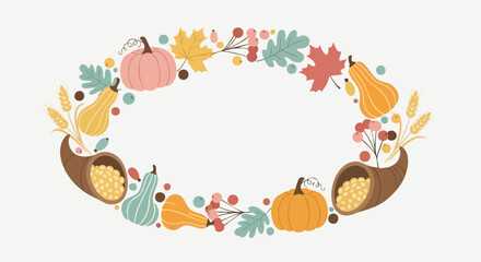 Obraz premium Autumn Harvest Wreath With Pumpkins And Leaves.