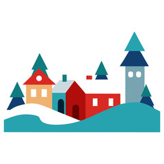 Flat design vector art charming small village with cozy buildings and towers