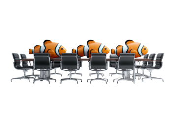 Three clownfish perched on a conference table surrounded by black office chairs against black backdrop