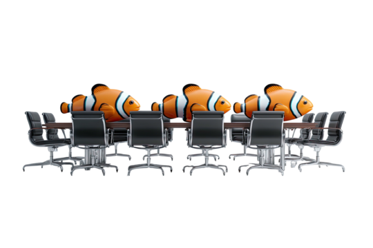 Three clownfish perched on a conference table surrounded by black office chairs against black backdrop