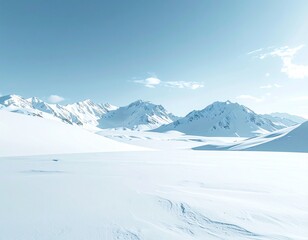 Minimalist photograph of an endless white snow mountain plain, no human presence