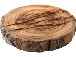 A cross-section view of a natural, circular tree slab showing rich wood grain