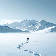 Minimalist photograph of an endless white snow mountain plain, no human presence