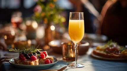 Obraz premium A vibrant breakfast setting featuring a glass of orange juice and berry-topped waffles, beautifully lit by morning light.