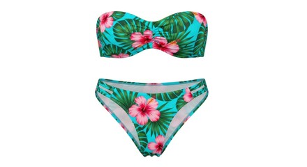 A vibrant two-piece swimwear set featuring a bandeau top and high-cut bottoms with a tropical pattern of green palm leaves and pink hibiscus flowers on a turquoise background