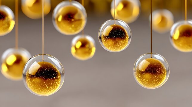 Decorative glass orbs with golden glitter suspended in mid-air, creating a captivating visual display against a soft blurred background, enhancing the festive atmosphere and elegance of the scene