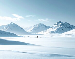 Minimalist photograph of an endless white snow mountain plain, no human presence