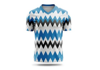 A V-neck short-sleeve shirt displays a vibrant pattern of alternating white blue and black chevron stripes presented against a white background