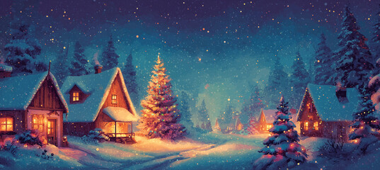 Fototapeta premium Cozy winter village at night — festive Christmas illustration with wooden cottages, glowing lights, snowy forest and decorated Christmas tree, perfect for holiday cards and seasonal backgrounds