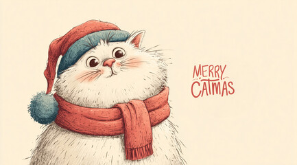 Cute сat in Santa hat and scarf with Merry Catmas text — funny Christmas illustration for holiday greeting cards and festive decor
