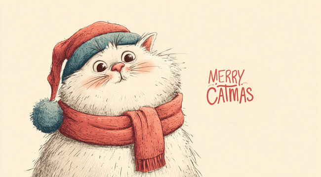 Cute сat in Santa hat and scarf with Merry Catmas text — funny Christmas illustration for holiday greeting cards and festive decor - Powered by Adobe