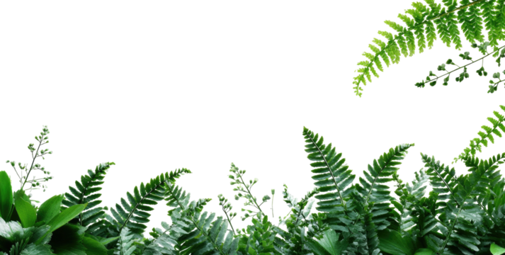 A lush, verdant scene with ferns and other greenery, creating a natural border