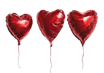 Three shiny red heart-shaped balloons in a row against a solid black background