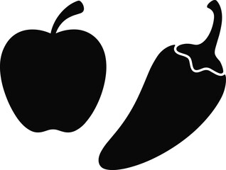 Apple and chili pepper silhouettes, black and white vector illustration, fruit and spice icons, botanical food design template, culinary symbolic art