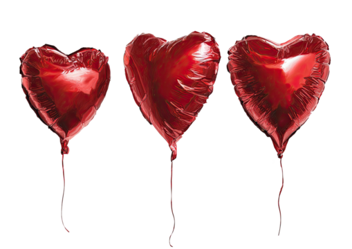 Three shiny red heart-shaped balloons in a row against a solid black background