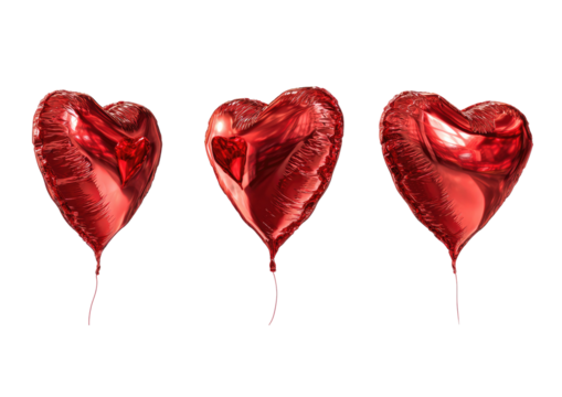 Three shiny, heart-shaped red foil balloons on a solid black background, isolated