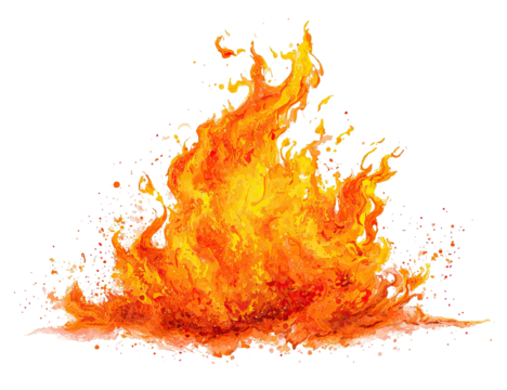 An illustration of a vibrant, watercolor depiction of a bonfire with glowing embers and leaping flames