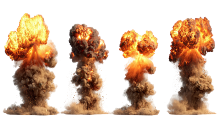 Four large explosions showing mushroom clouds with billowing smoke and intense heat