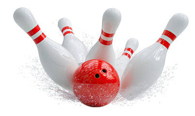 A red bowling ball colliding with white pins, creating a splash of water